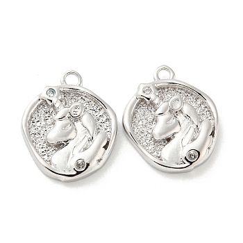 Brass Micro Pave Cubic Zirconia Charms, Unicorn, Real Platinum Plated, 14x11x3mm, Hole: 1.4mm