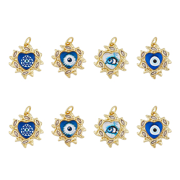 8Pcs 4 Style Brass Micro Pave Clear Cubic Zirconia Pendants, with Resin and Jump Rings, Lead Free & Cadmium Free, Real 18K Gold Plated, Heart with Evil Eye, Mixed Color, 21.5x20x4.5mm, Hole: 4mm, 2pcs/style