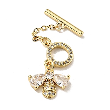 Rack Plating Brass Micro Pave Clear Cubic Zirconia Toggle Clasps, Cadmium Free & Lead Free, Long-Lasting Plated, Bee, Golden, 42mm, Bar:16x5mm, Bee: 10.5x14mm, Ring: 9x9mm