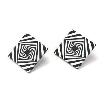 Resin Stud Earrings, with 925 Sterling Silver Pins, Rhombus, Platinum, Stripe Pattern, 41x41mm, Pin: 0.6mm, Side Length: 30mm 