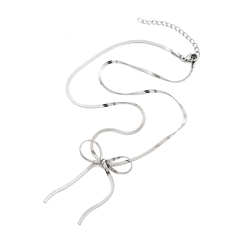 304 Stainless Steel Flat Snake Chain Bowknot Pendant Necklaces for Women, Stainless Steel Color, 16.22 inch(41.2cm), Pendant: 50x32mm