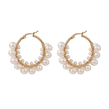 Natural Pearl Beaded Hoop Earrings, 304 Stainless Steel Wire Wrap Jewelry for Women, Golden, 36x42x7mm, Pin: 0.6mm