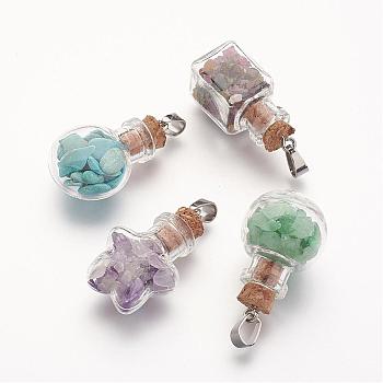 Natural & Synthetic Gemstone Pendants, with Glass Bottle for Bead Containers, Mixed Shape, Mixed Color, 38mm, Hole: 4x7mm