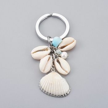 Electroplate Shell Keychain, with Grade A Pearl Beads, Natural Larimar Beads, Iron Jump Ring, Seashell Color, Platinum, 85mm