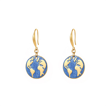 Golden Tone Stainless Steel Enamel Map Dangle Earrings for Women, Blue