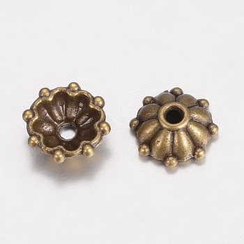 Tibetan Style Alloy Fancy Bead Caps, Multi-Petal Flower, Antique Bronze, 8x3mm, Hole: 1mm