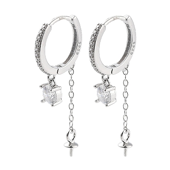Rhodium Plated 925 Sterling Silver with Cubic Zirconia Hoop Earring Findings, with Pinch Bails and S925 Stamp, for Half Drilled Beads, Real Platinum Plated, 22 Gauge, 13x12.5mm, Pin: 0.6mm