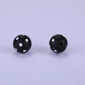Printed Round with Polka Dot Pattern Silicone Focal Beads, Black, 15x15mm, Hole: 2mm