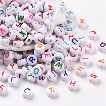 Opaque White Acrylic Beads, Flat Round with Mixed Color Letter, Letter, 7x3.5mm, Hole: 1.2mm, about 4000pcs/500g