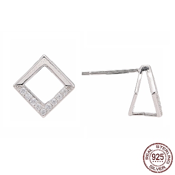 Rhodium Plated 925 Sterling Silver Stud Earring Findings, with Micro Pave Cubic Zirconia, Bar Links and Ice Pick Pinch Bail, Rhombus, Platinum, 10x10mm, Pin: 0.8mm
