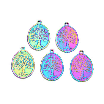 Ion Plating(IP) 201 Stainless Steel Pendants, Oval with Tree of Life, Rainbow Color, 30x20.5x1.5mm, Hole: 1.8mm