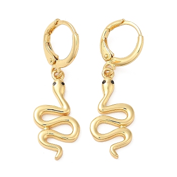 Rack Plating Brass Snake Dangle Leverback Earrings with Cubic Zirconia, Lead Free & Cadmium Free, Real 18K Gold Plated, 36mm