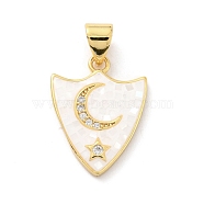 Natural Shell Pendants, with Clear Cubic Zirconia and Golden Brass Findings, Shield with Star and Moon, White, 18.5x14x2mm, Hole: 4.5x3.5mm(KK-K257-09A-G)