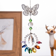 Metal Hanging Ornaments, Octagon Teardrop Glass Charm Suncatchers for Garden Outdoor Decorations, Butterfly, 315mm(PW-WG25285-01)