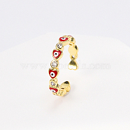 Brass Micro Pave Cubic Zirconia Open Cuff Rings with Enamel, Heart with Evil Eye, Red, Inner Diameter: 16~18mm(BR9134-1)