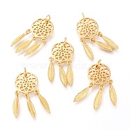 Brass Pendants, Woven Net/Web with Feather, Real 18K Gold Plated, 26x12x1.34mm, Hole: 3.4mm(KK-J275-25G)