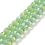 Electroplate Glass Beads Strands, AB Color Plated, Frosted and Faceted(96 Facets), Round, Pale Green, 9.5~10x9~9.5mm, Hole: 1.8mm, about 69~70pcs/strand, 24.57''(62.4~63.1cm)(EGLA-Z001-03A-AB06)