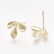 Brass Stud Earring Findings, with Loop, Real 18K Gold Plated, Nickel Free, Leaf, 10x12mm, Hole: 1mm, Pin: 0.8mm(KK-T038-581G-NF)