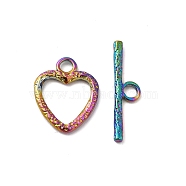 Ion Plating(IP) 304 Stainless Steel Toggle Clasps, Heart, Rainbow Color, Heart: 16.5x13.5x2mm, Hole: 3mm, Bar: 22x6x2mm, Hole: 3mm.(STAS-H212-11MC)