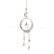 Wire Wrapped Natural Amethyst Chips & Brass Ring Pendant Decorations, with Glass Teardrop & Cone Pendant, 270~280mm(HJEW-TA00102-02)