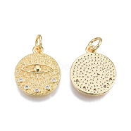 Brass Pave Cubic Zirconia Pendants, with Jump Rings, Nickel Free, Real 18K Gold Plated, Flat Round with Eye, Clear, 18x15.5x2mm, Jump Ring: 6x1mm, 4mm inner diameter(KK-N231-348C-02)