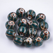 Handmade Porcelain Beads, Fancy Antique Glazed Porcelain, Round, Teal, 11~12x10~11x10~10.5mm, Hole: 2~2.5mm(PORC-S498-24H)