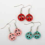Dangle Peace Sign Earrings for Women, Synthetic Turquoise Earrings, with Brass Earrings Hooks, Platinum, Mixed Color, 37mm, Pin: 0.7mm(EJEW-JE00984)