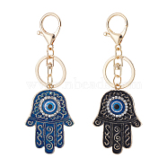 2Pcs 2 Colors Alloy Rhinestone Keychain, with Enamel and Alloy Findings, Hamsa Hand with Evil Eye, Mixed Color, 12.6cm, 1pc/color(KEYC-CA0001-23)