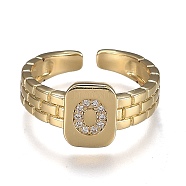 Brass Micro Pave Clear Cubic Zirconia Cuff Rings, Open Rings, Cadmium Free & Lead Free, Rectangle, Golden, Letter.O, US Size 6 1/4, Inner Diameter: 16.8mm(RJEW-H538-02G-O)