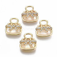 Natural Freshwater Shell Charms, with Brass Findings and Clear Cubic Zirconia, Nickel Free, Bag, Real 18K Gold Plated, 13x12x4.5mm, Hole: 3x2mm(KK-S356-201G-NF)
