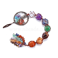 Chakra Theme Big Pendant Decorations, Hand Knitting with Natural Gemstone Beads and Stone Chips Tassel, Flat Round with Tree of Life, Antique Bronze, 55cm(HJEW-PW0001-001AB)