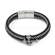 Braided Microfiber Leather Cord Bracelets, with 304 Stainless Steel Magnetic Clasps, Cross, Antique Silver, 8-1/2 inch(21.5cm)(BJEW-P328-15AS)