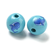 Natural Wood European Beads, Ocean Theme Printed lotus Beads, Large Hole Beads, Sky Blue, Whale, 16x15mm, Hole: 4mm(WOOD-S059-01P)