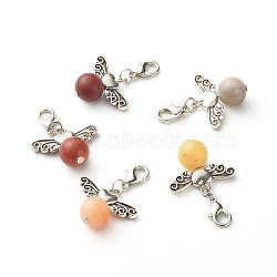 Natural Jade Pendants, with Tibetan Style Alloy Heart Beads and Zinc Alloy Lobster Claw Clasps, Round, Mixed Color, 35mm, Hole: 4x5mm(HJEW-JM00525)