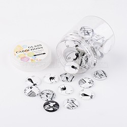 Glass Cabochons, Retro Black and White Picture Printed, Half Round/Dome, Mixed Color, 25x7mm, about 50pcs/box(GGLA-JP0003-06)