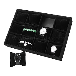 Velours Wooden Bracelet/Bangle/Watch Displays, 12 Compartments, Black, 350x240x50mm, Pillow Diameter: 180mm(BDIS-WH0007-01A)