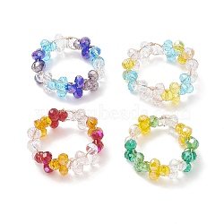 Glass Braided Bead Finger Ring, Brass Wire Wrap Jewelry for Women, Mixed Color, Inner Diameter: 20mm(RJEW-JR00569)