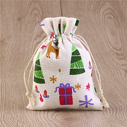 Christmas Theme Linenette Drawstring Bags, Rectangle, White, Colorful, 10x8cm(CON-PW0001-077A)