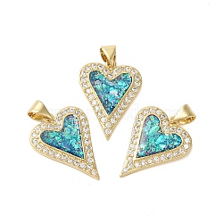 Brass Cubic Zirconia Heart Pendants, with Synthetic Opal, Long-Lasting Plated, Lead Free & Cadmium Free, Real 18K Gold Plated, 21x16x2.5mm, Hole: 3x4mm(KK-K385-121G)