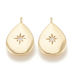 Brass Cubic Zirconia Charms, Teardrop with Star, Nickel Free, Real 18K Gold Plated, 14x9.5x1.5mm, Hole: 0.5mm(KK-S341-27)