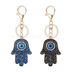 2Pcs 2 Colors Alloy Rhinestone Keychain, with Enamel and Alloy Findings, Hamsa Hand with Evil Eye, Mixed Color, 12.6cm, 1pc/color(KEYC-CA0001-23)