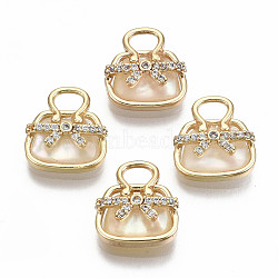 Natural Freshwater Shell Charms, with Brass Findings and Clear Cubic Zirconia, Nickel Free, Bag, Real 18K Gold Plated, 13x12x4.5mm, Hole: 3x2mm(KK-S356-201G-NF)