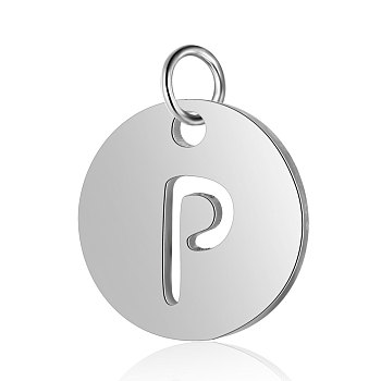 304 Stainless Steel Charms, Flat Round with Letter, Stainless Steel Color, Letter.P, 11.5x1mm, Hole: 3.5mm