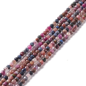 Natural Red Corundum/Ruby and Sapphire Beads Strands, Faceted, Round, 3mm, Hole: 0.7mm, about 122pcs/strand, 15.35~15.47 inch(39~39.3cm)