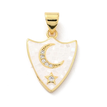 Natural Shell Pendants, with Clear Cubic Zirconia and Golden Brass Findings, Shield with Star and Moon, White, 18.5x14x2mm, Hole: 4.5x3.5mm