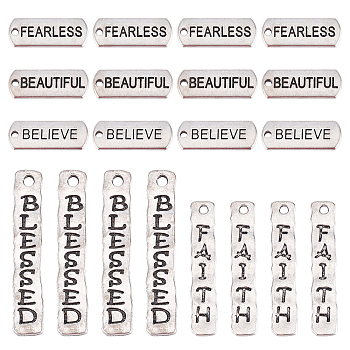 CHGCRAFT 100Pcs 5 Style Alloy Pendants, Rectangle with Word, Antique Silver, 8~38.5x7.3~21x1.7~2mm, Hole: 2~2.4mm, 20pcs/style