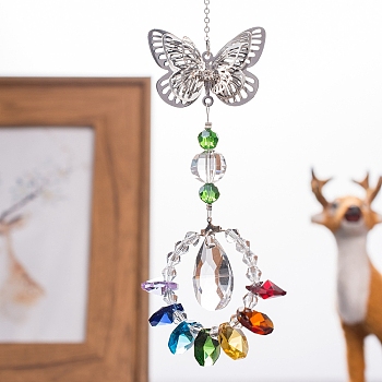 Metal Hanging Ornaments, Octagon Teardrop Glass Charm Suncatchers for Garden Outdoor Decorations, Butterfly, 315mm