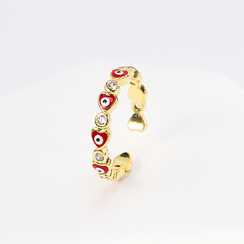 Brass Micro Pave Cubic Zirconia Open Cuff Rings with Enamel, Heart with Evil Eye, Red, Inner Diameter: 16~18mm
