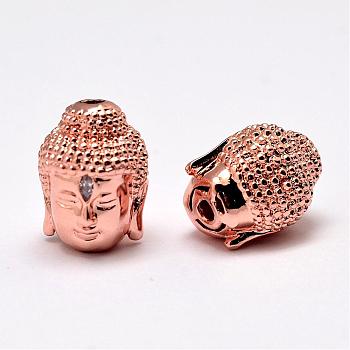 Brass Beads, Micro Pave Grade AAA Cubic Zirconia, Buddha Head, Cadmium Free & Nickel Free & Lead Free, Rose Gold, 14x10x11mm, Hole: 2mm