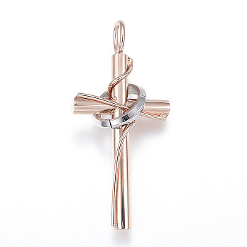 304 Stainless Steel Pendants, Cross with Circle, Rose Gold & Stainless Steel Color, 36x17x10mm, Hole: 4x2.5mm